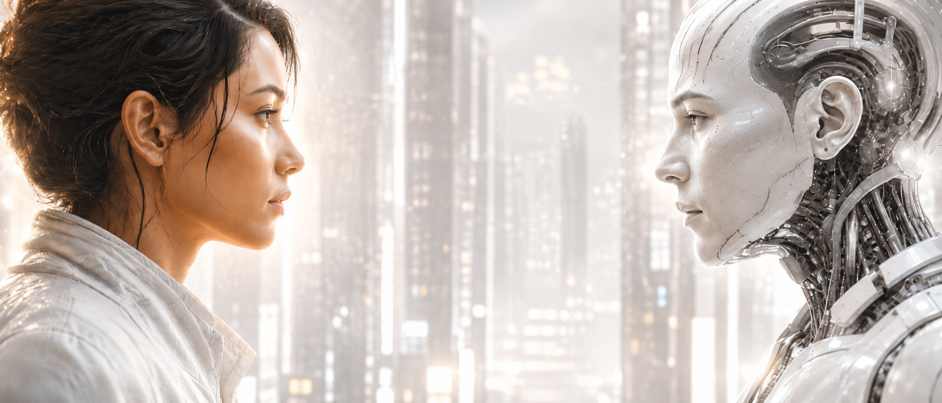 Human and AI facing each other